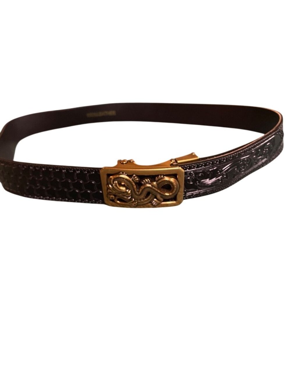 Embossed Dragon Buckle Brown Leather Belt With Gold Detailing Adjustable Fit Orn